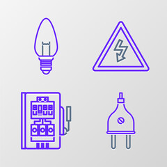 Set line Electric plug, Electrical panel, High voltage sign and Light bulb icon. Vector