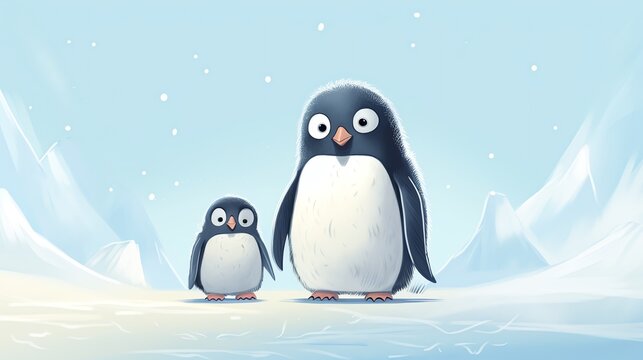 a couple of penguins standing on snow