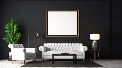 Interior design of cozy living room with stylish sofa, coffee table, dried flowers in vase, mock up poster, carpet, decoration, pillows, plaid and personal accessories in modern home decor. Template.