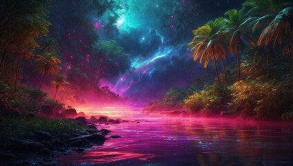 Obraz na płótnie Canvas Night alien landscape. Beautiful night sky. Fantastic scene with a riot of colors of alien vegetation.