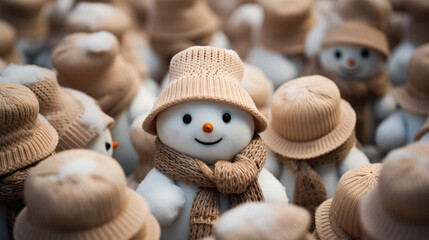 Snowman made of woolen clothes and hats. Christmas background.