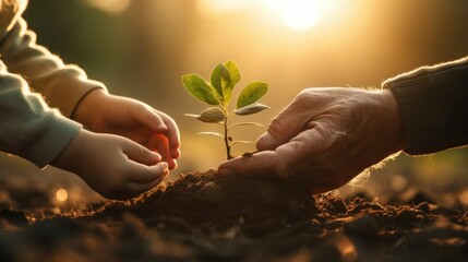 Caring hands planting a small seedling in fertile soil, fostering growth.