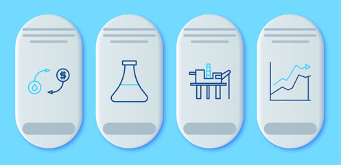 Set line Oil petrol test tube, platform in the sea, exchange and price increase icon. Vector