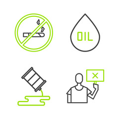 Set line Nature saving protest, Barrel oil leak, Oil drop and No Smoking icon. Vector