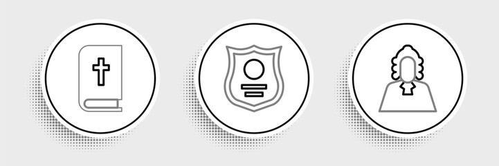 Set line Judge, Holy bible book and Police badge icon. Vector