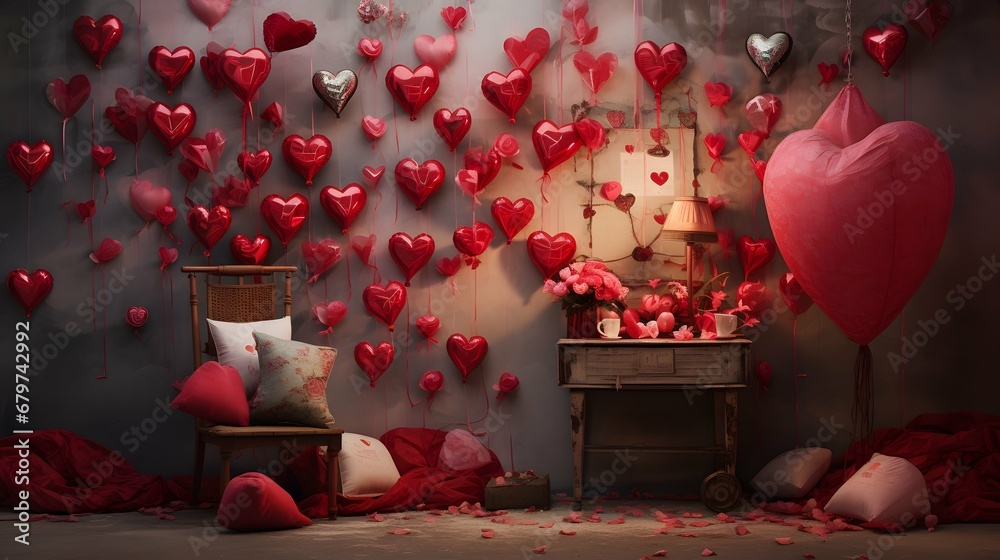 Wall mural valentines day background wallpaper, chocolate love, hearts, romantic roses, generative ai