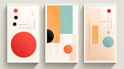 Minimal geometric shapes take center stage in a set of abstract covers design flat design posters with retro colors.
