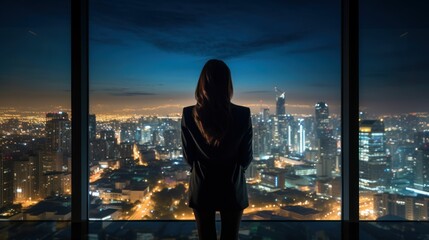 Fototapeta premium Businesswoman watching the view of the city from her office window.