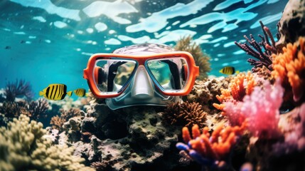A snorkel and a mesmerizing coral reef filled with a variety of colorful fish. - obrazy, fototapety, plakaty