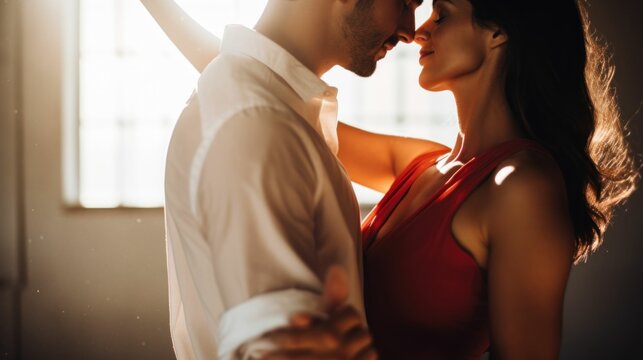 Intimate connection between a man and woman, the woman adorned in a captivating red dress.