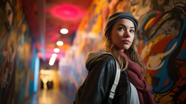 Woman posing confidently in front of vibrant, multicolored wall.