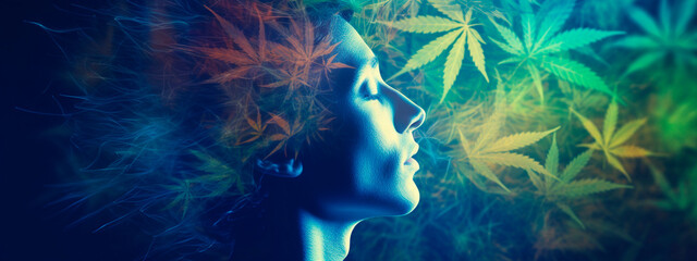 Human face and cannabis leaves. Generative AI, - obrazy, fototapety, plakaty