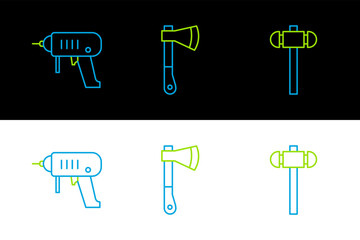 Set line Sledgehammer, Electric drill machine and Wooden axe icon. Vector