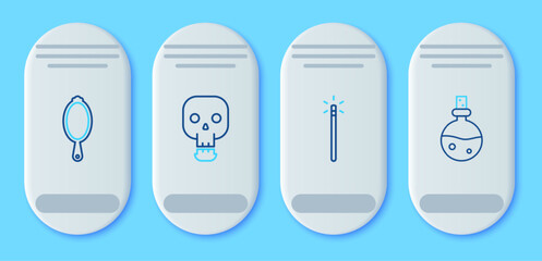 Set line Skull, Magic wand, hand mirror and Bottle with love potion icon. Vector