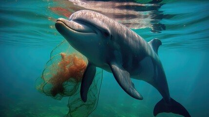 AI generated, a dolphin caught in a net, ocean pollution concept, Environmental Problem