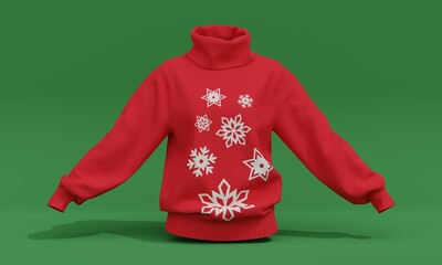 Knitted red Christmas sweater with white snowflake on green background. 3d rendering