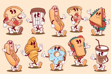 cartoon character for food street , hot dog, sandwich and French fries, retro groovy style, food icon set. cartoon illustration of fast food vector icons 