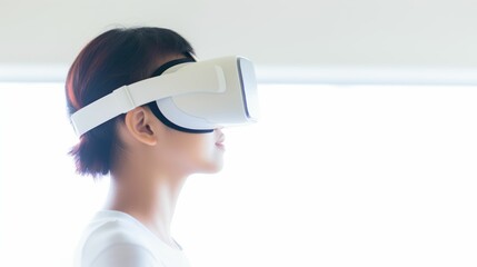 Asian young woman meditating, exercising with virtual reality glasses.
