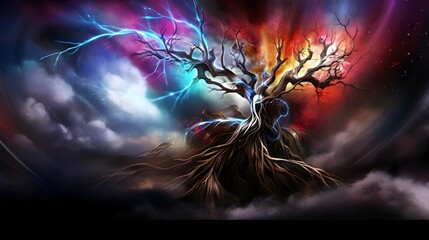 Mystical Tree of Life Illuminating a Cosmic Landscape