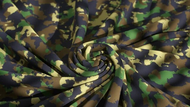 A fabric spiral with a camouflage pattern twists into a dynamic and textured 3D animation.