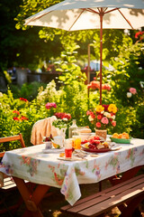 Chairs and table in the garden for breakfast. Generative AI,