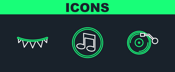 Set line Vinyl player with disk, Carnival garland flags and Music note, tone icon. Vector