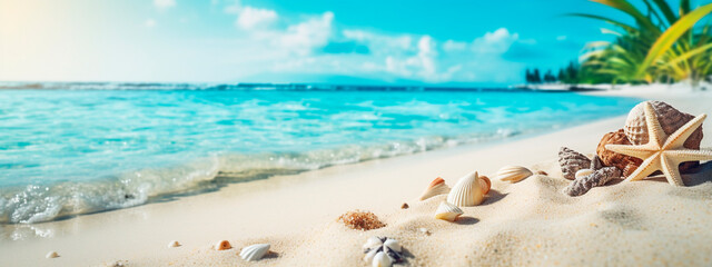 Beach palms and sea shells on the sand. Generative AI,