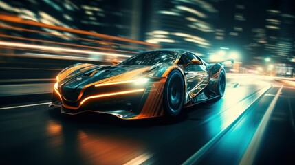 Naklejka premium Long exposure photo of a futuristic car speeding through a cyberpunk style city.