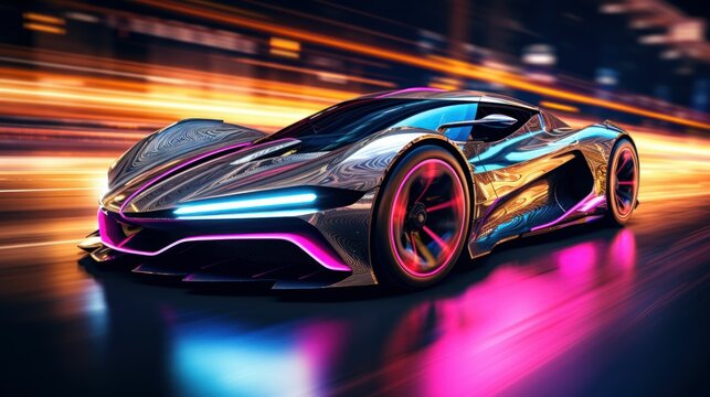 Long exposure photo of a futuristic car speeding through a cyberpunk style city.