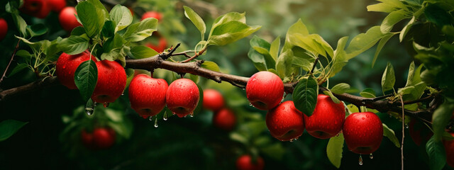 Apple fruits on a tree in the garden. Generative AI,