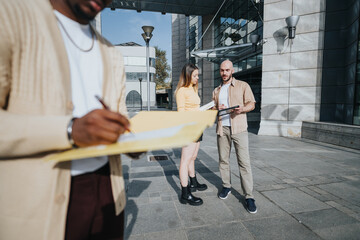 Diverse businesspeople collaborate outdoors, discussing a profitable business plan while targeting their desired market with a cutting-edge marketing campaign and strategic financial planning.