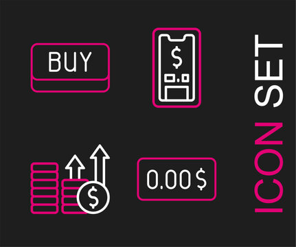 Set line Zero cost, Financial growth and dollar, Mobile with and Buy button icon. Vector