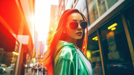 Obraz premium Stylish, dynamic woman in sunglasses strikes a striking pose on the city street.