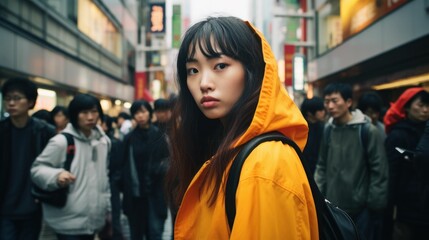 Street style photo of an urban explorer Asian woman dressed in street style, in the middle of the crowded metropolis.