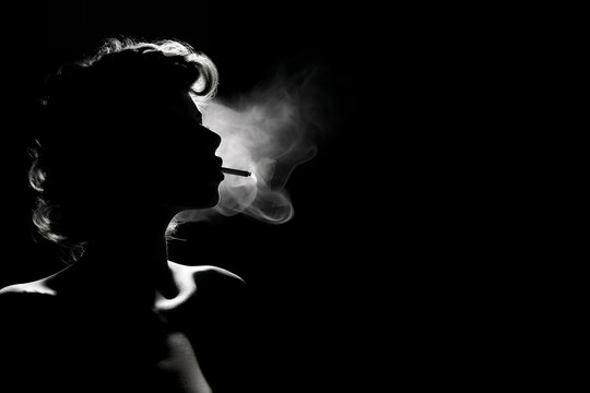 Sexy portrait of a smoking woman, backlit silhouette, black and white film noir style with copy space