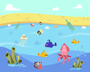 Fish swimming in polluted waters vector illustration. Disposable cups, bottles in sea. Ocean pollution, protection of marine life concept