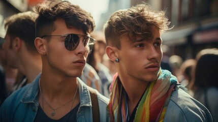 Fototapeta premium Stylish and dynamic, confident, brave gay couple strikes a striking pose on the city street.