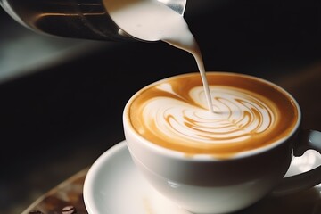 a cup of coffee with milk pouring into it - obrazy, fototapety, plakaty