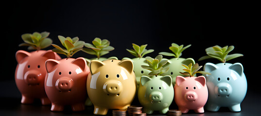 Smiling pink pig piggy bank, a stack of gold coins and a green plant growing