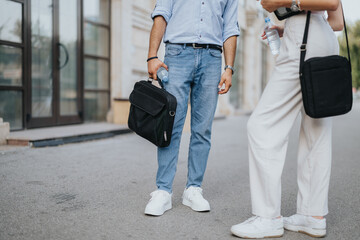 A business couple walks in the city center, discussing growth strategies and new project opportunities. They embrace efficiency and remote work for successful business expansion.