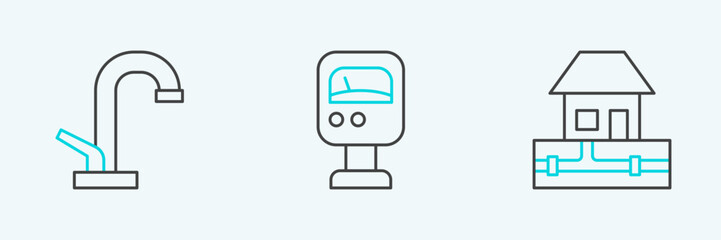 Set line Water supply pipes, tap and Pressure water meter icon. Vector