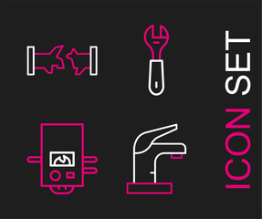 Set line Water tap, Gas boiler, Wrench spanner and Broken pipe icon. Vector