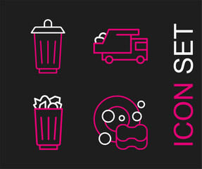 Set line Washing dishes, Full trash can, Garbage truck and Trash icon. Vector