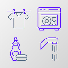 Set line Shower head, Dishwashing liquid bottle, Dishwasher machine and Drying clothes icon. Vector