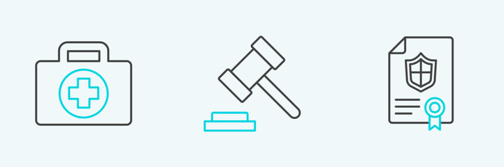 Set line Contract with shield, First aid kit and Judge gavel icon. Vector