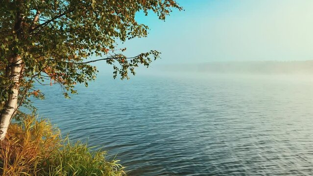 Dawn on the lake in Karelia. A magical landscape on the lake, the evaporation of the river, the sun's rays through the fog over calm water, camera movement, slow motion. The light of the morning dawn.