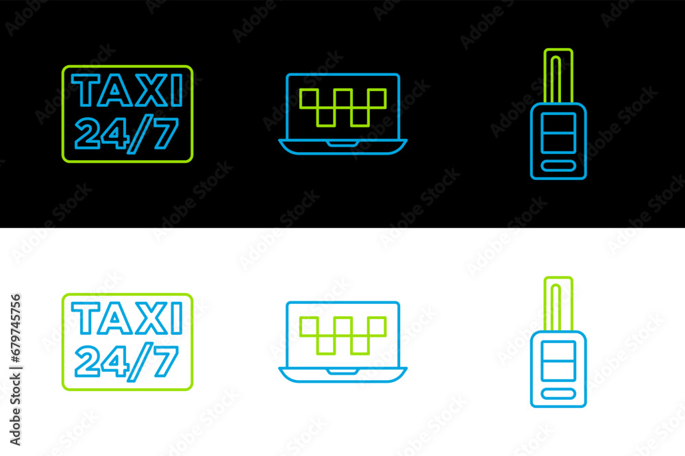 Poster Set line Car key with remote, Location taxi and Laptop call service icon. Vector