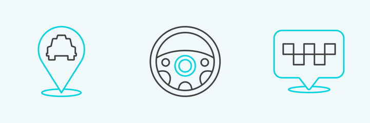 Set line Location with taxi, and Steering wheel icon. Vector
