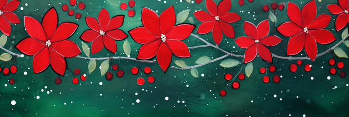 Christmas bright red Poinsettia flowers with emerald green background and tiny white snowflakes.  - obrazy, fototapety, plakaty