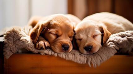 Two puppies are sleeping in bed. Generative AI,